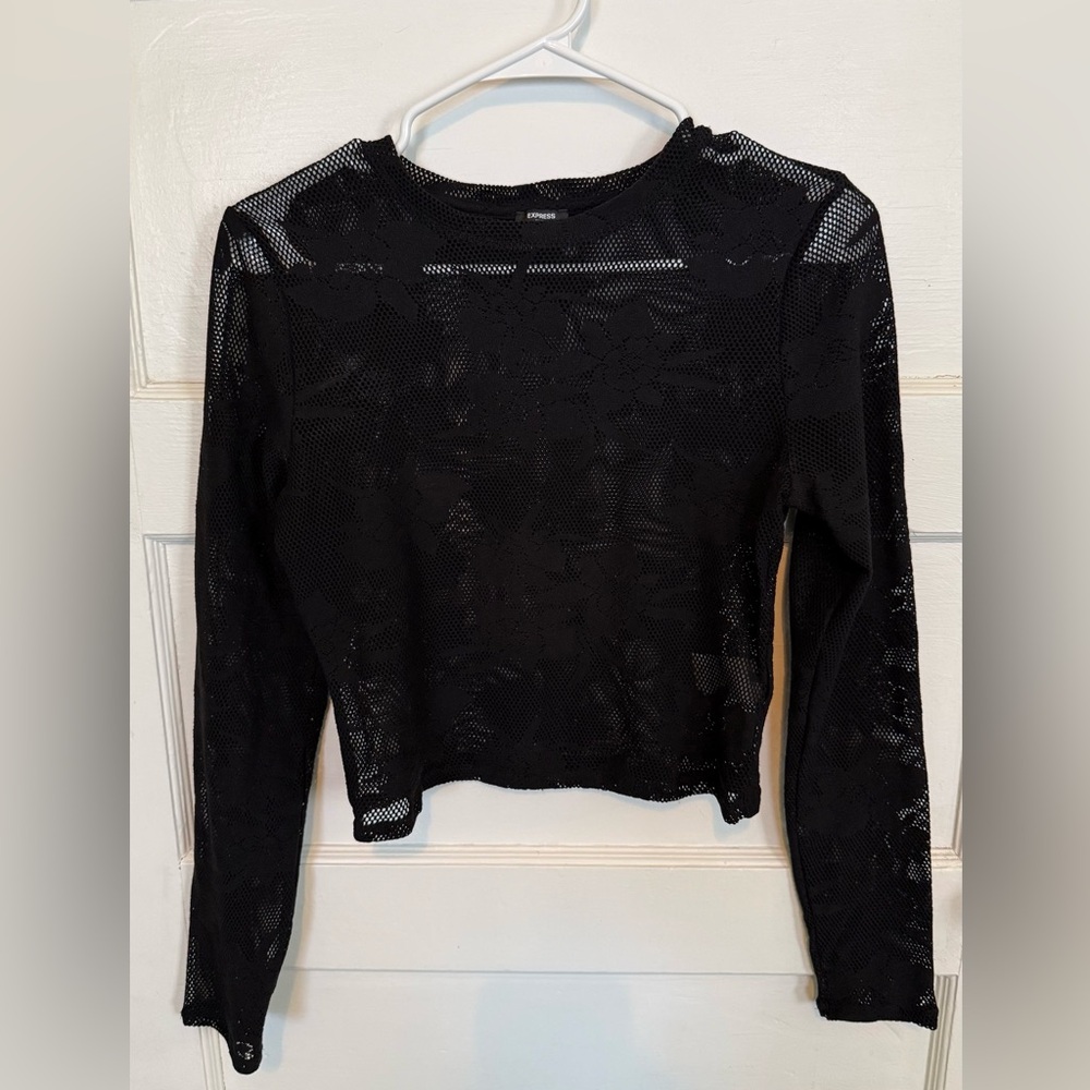 Express Floral Lace Fitted Mesh Crew Neck Long Sleeve Tee